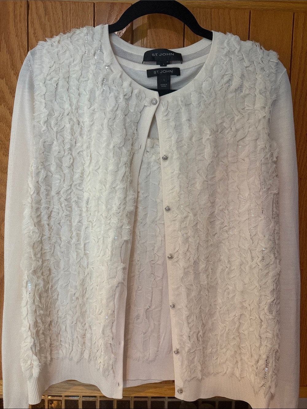 St. John Cream Ruffled Sequin-Accent Cardigan